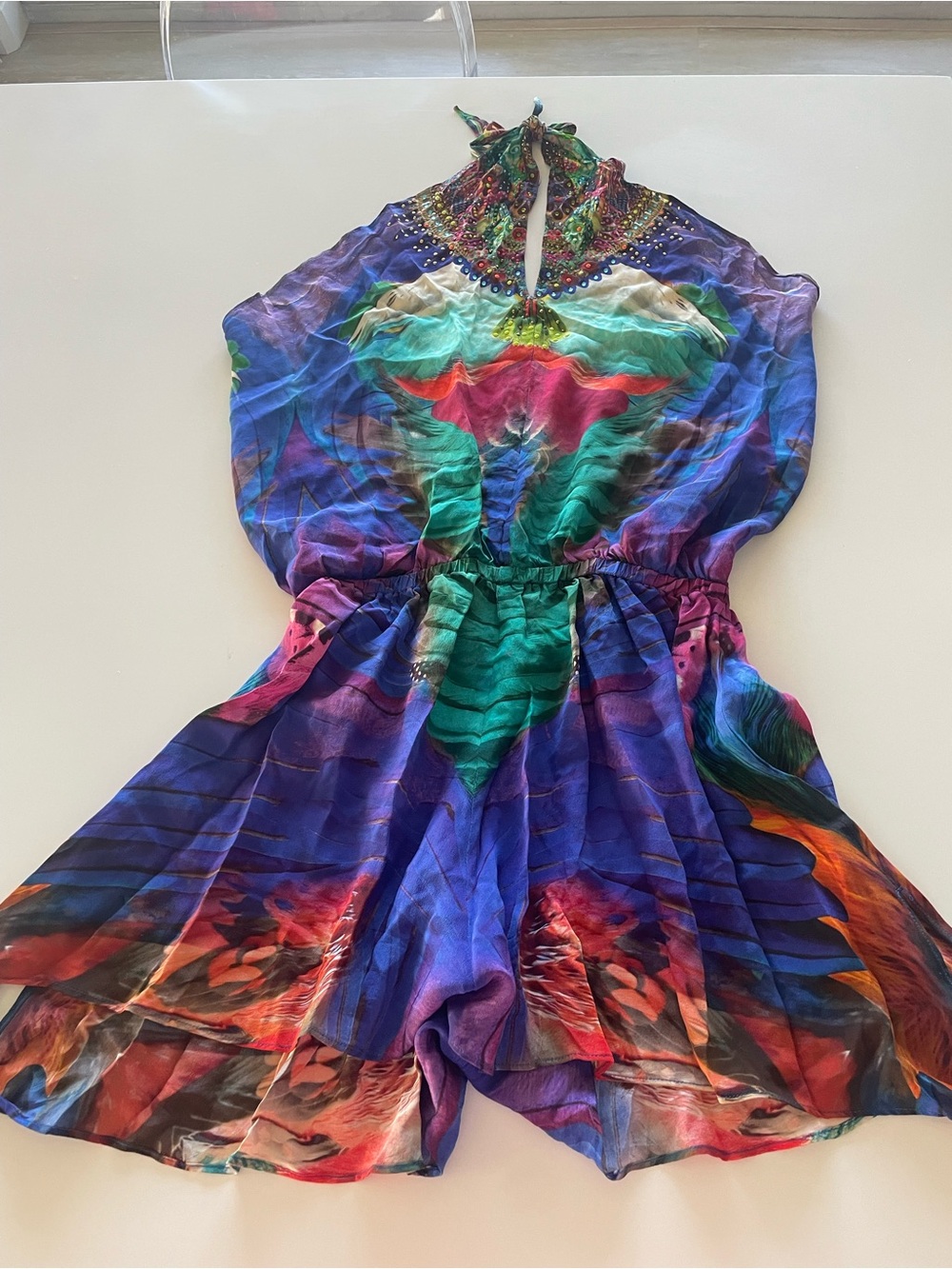 Camilla Multicolor Halter Backless 100% Silk Romper with Swarovski Crystals - Picture 4 of 11